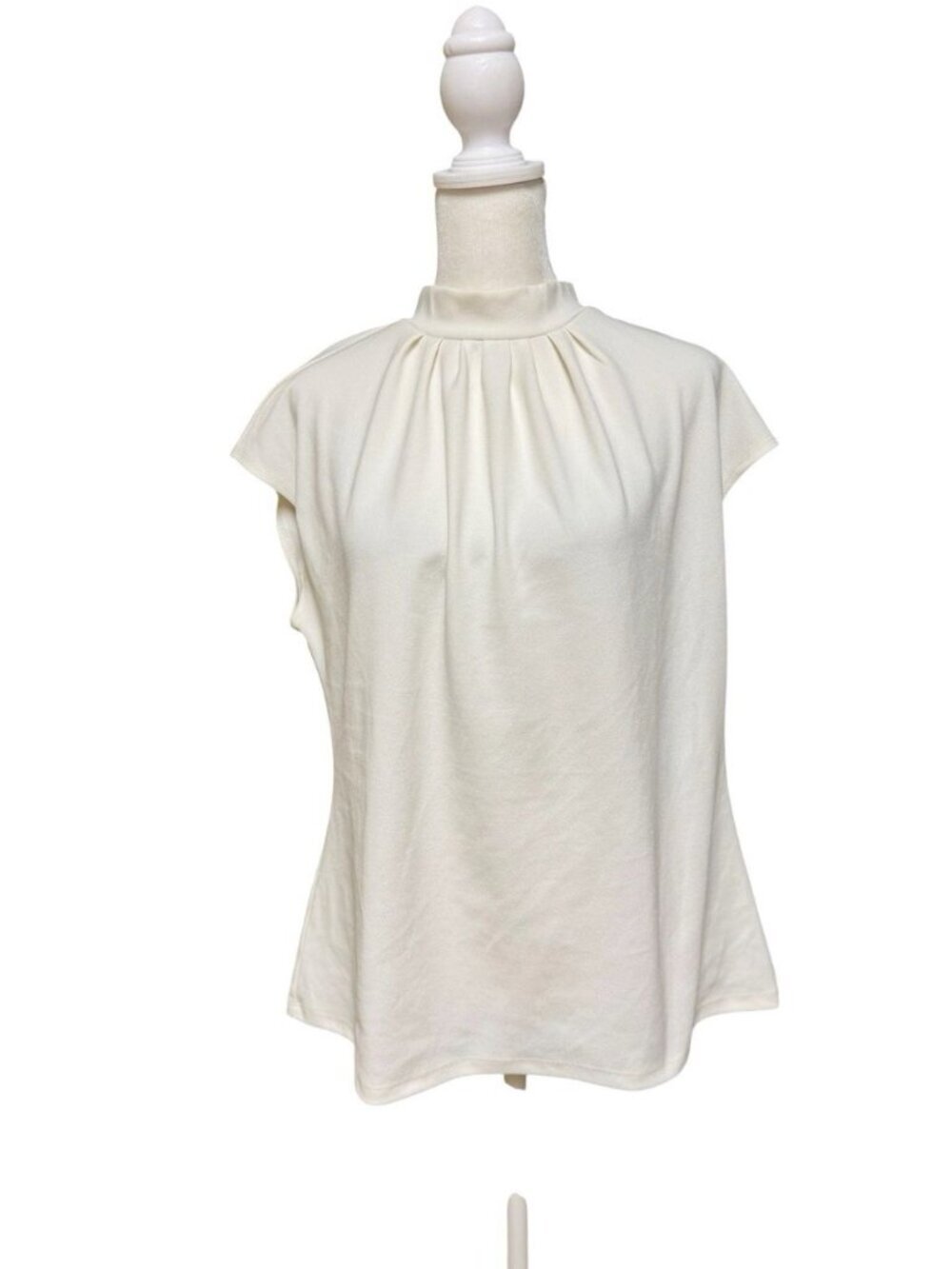 Ann Taylor Large White Mock Neck Pleated Cap Sleeve Blouse Top